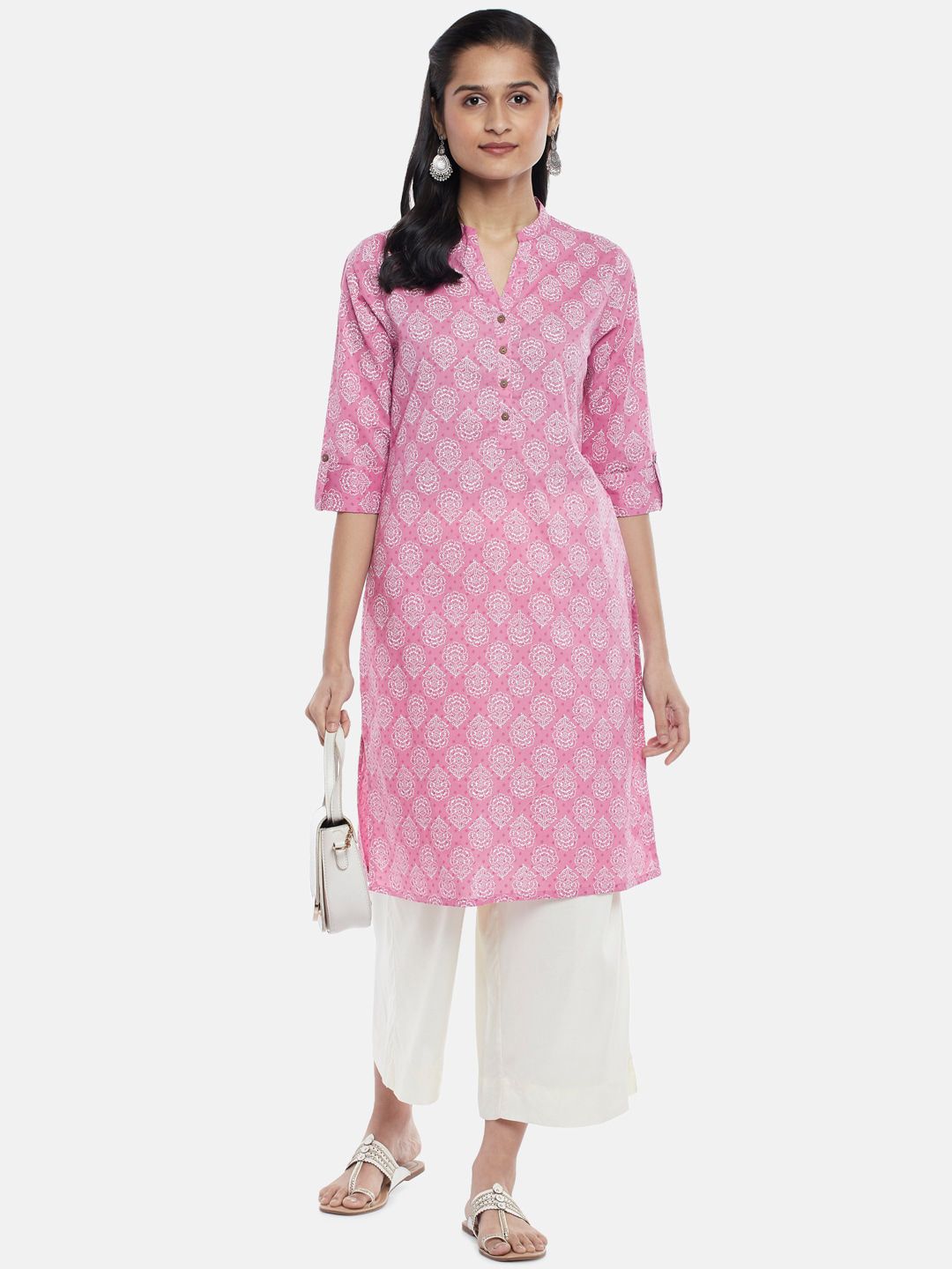 RANGMANCH BY PANTALOONS Women Pink & White Ethnic Motifs Printed Cotton Kurta Price in India