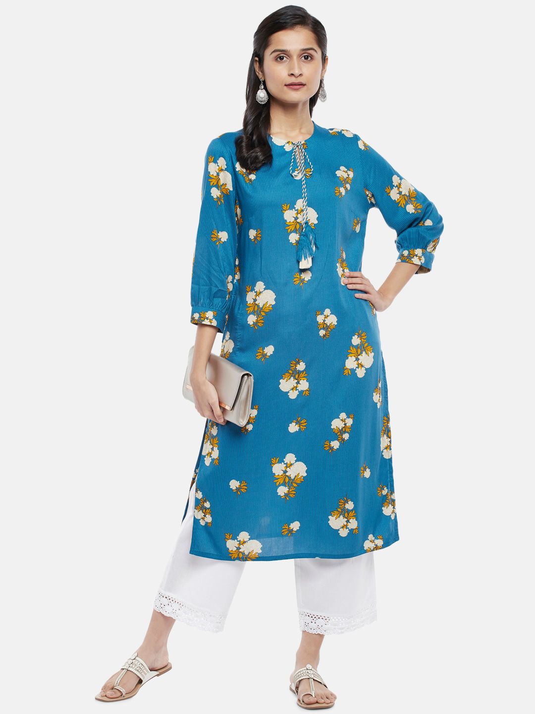 RANGMANCH BY PANTALOONS Women Blue Floral Printed Thread Work Kurta Price in India