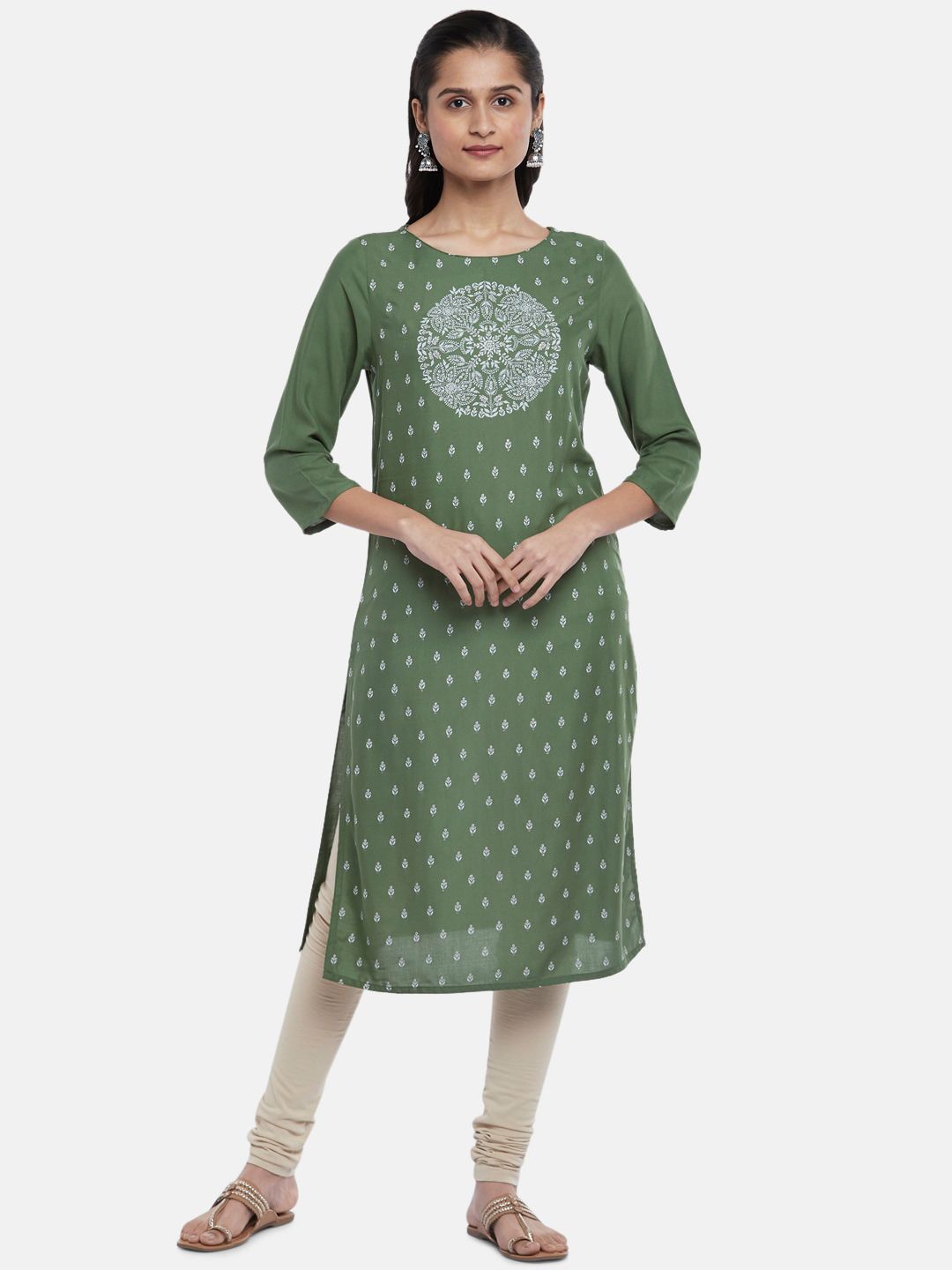 RANGMANCH BY PANTALOONS Women Green & White Ethnic Motifs Yoke Design Straight Kurta Price in India