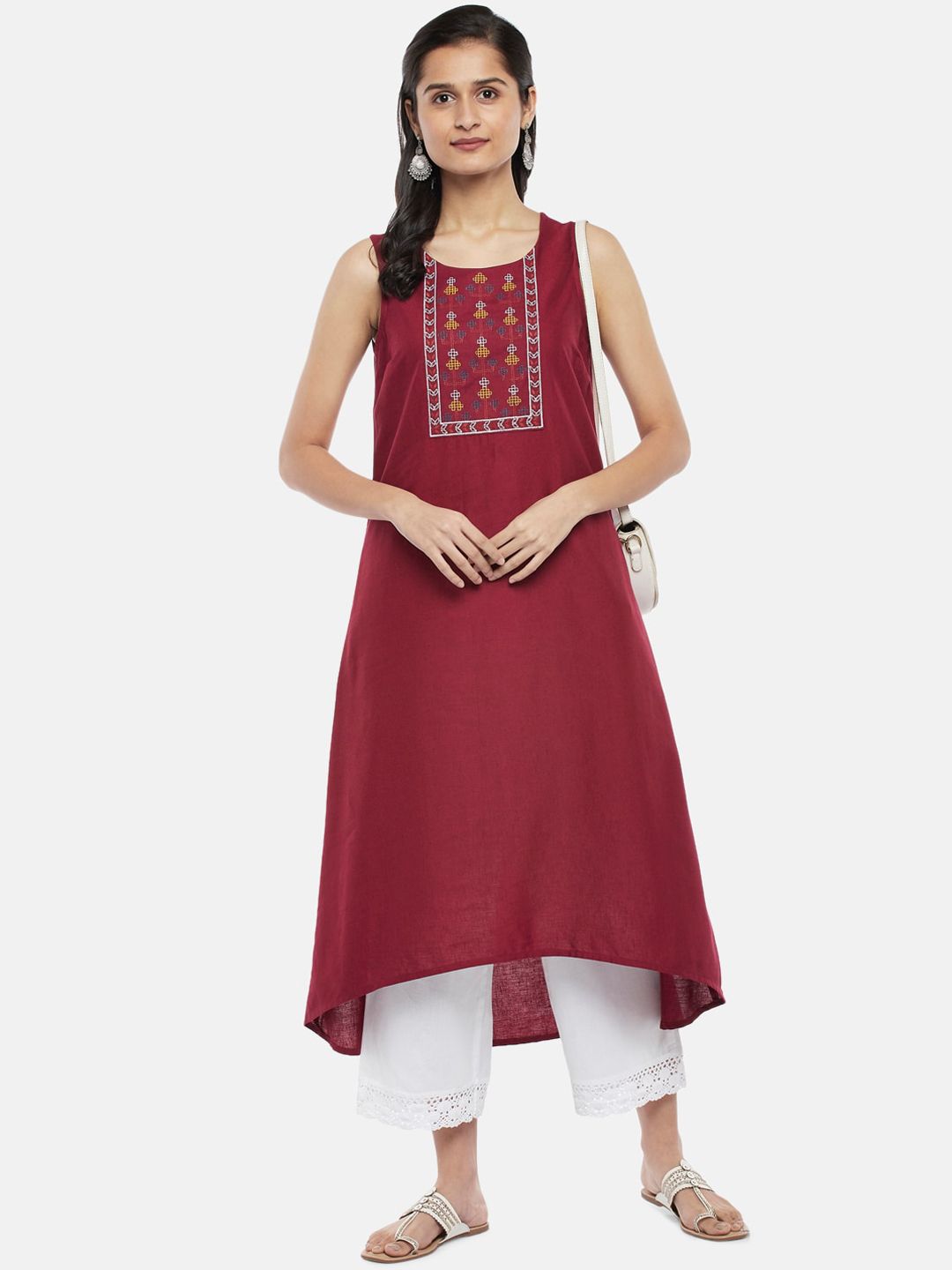 RANGMANCH BY PANTALOONS Women Red Geometric Yoke Design Cotton Kurta Price in India