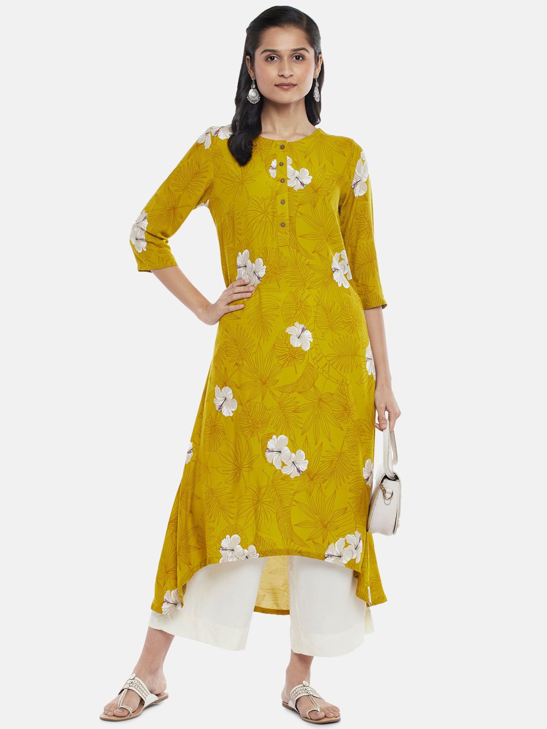 RANGMANCH BY PANTALOONS Women Mustard Yellow Floral Printed Floral High Low Kurta Price in India