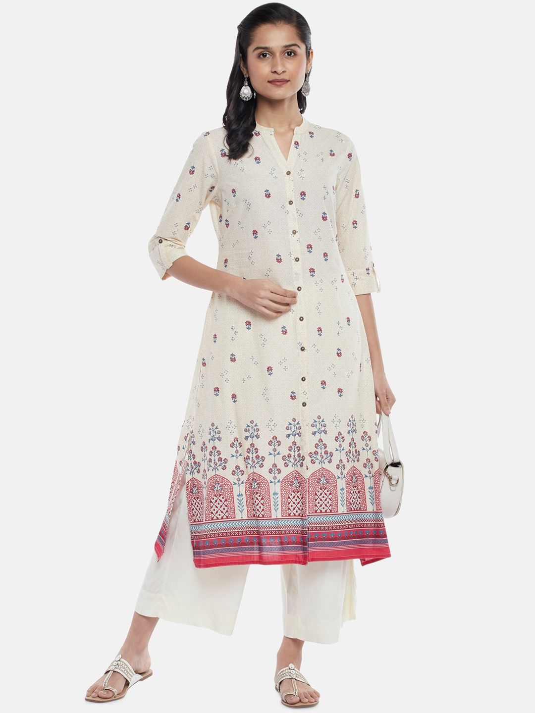 RANGMANCH BY PANTALOONS Women Off White Ethnic Motifs Embroidered Thread Work Anarkali Kurta Price in India