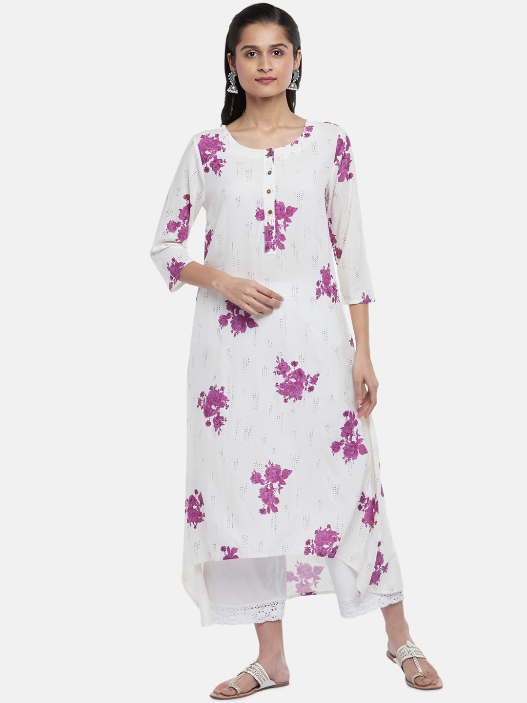 RANGMANCH BY PANTALOONS Women Off White & Purple Floral Printed Floral Kurta Price in India