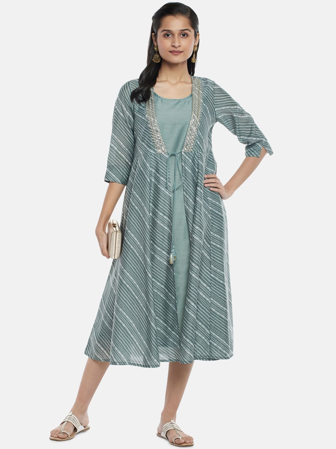 RANGMANCH BY PANTALOONS Green Striped Layered Ethnic A-Line Midi Dress Price in India