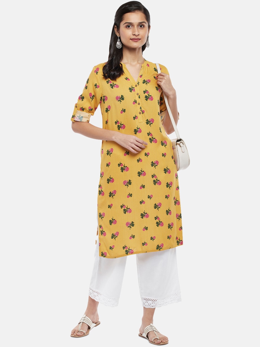 RANGMANCH BY PANTALOONS Women Yellow Floral Checked Keyhole Neck Cold-Shoulder Sleeves Thread Work Kurta Price in India