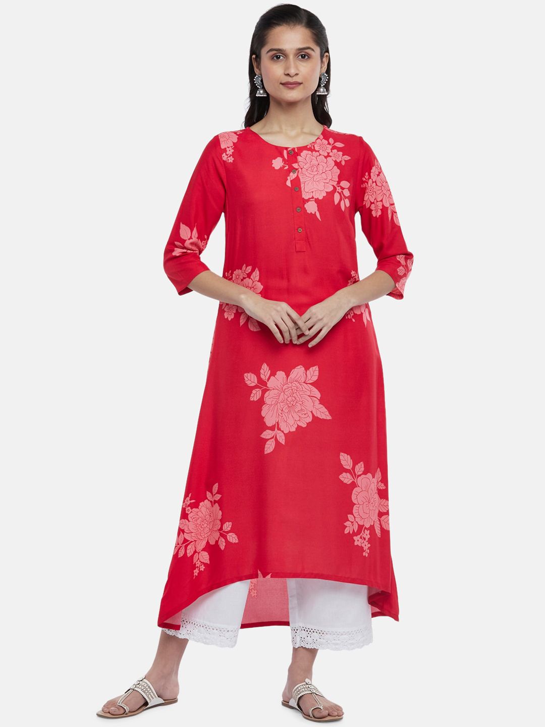 RANGMANCH BY PANTALOONS Women Red & White Floral Printed Thread Work A-Line Kurta Price in India