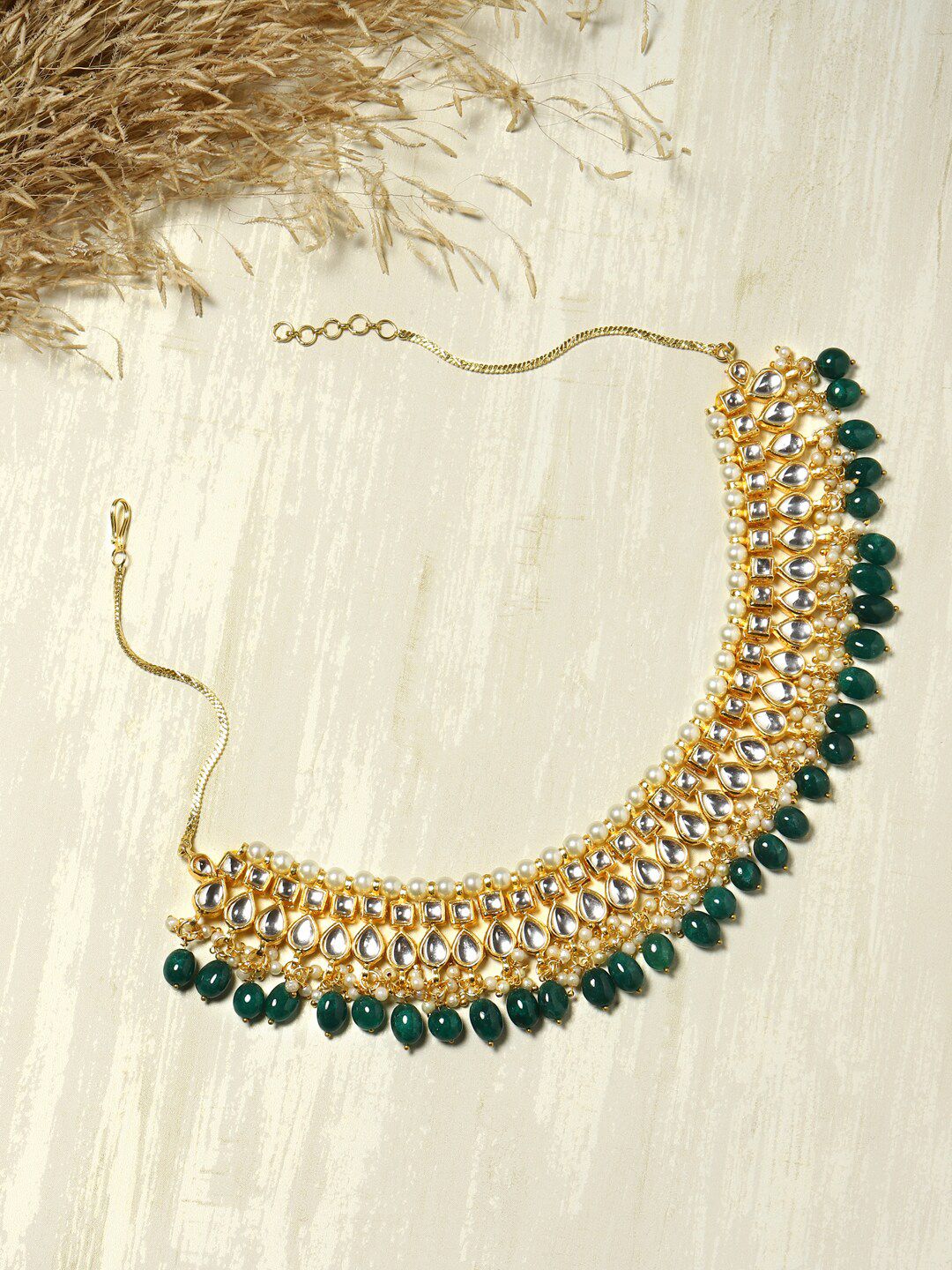 Ruby Raang Gold-Plated & Green Kundan Studded Brass Necklace Price in India