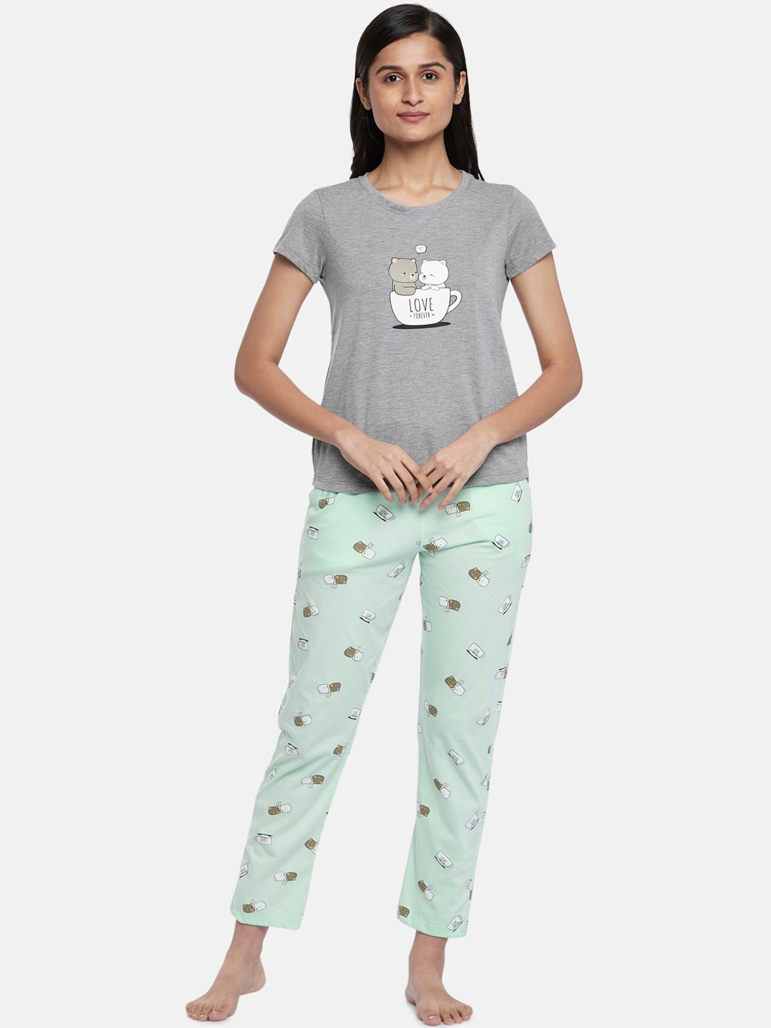 Dreamz by Pantaloons Women Grey & Green Printed Pure Cotton Night suit Price in India