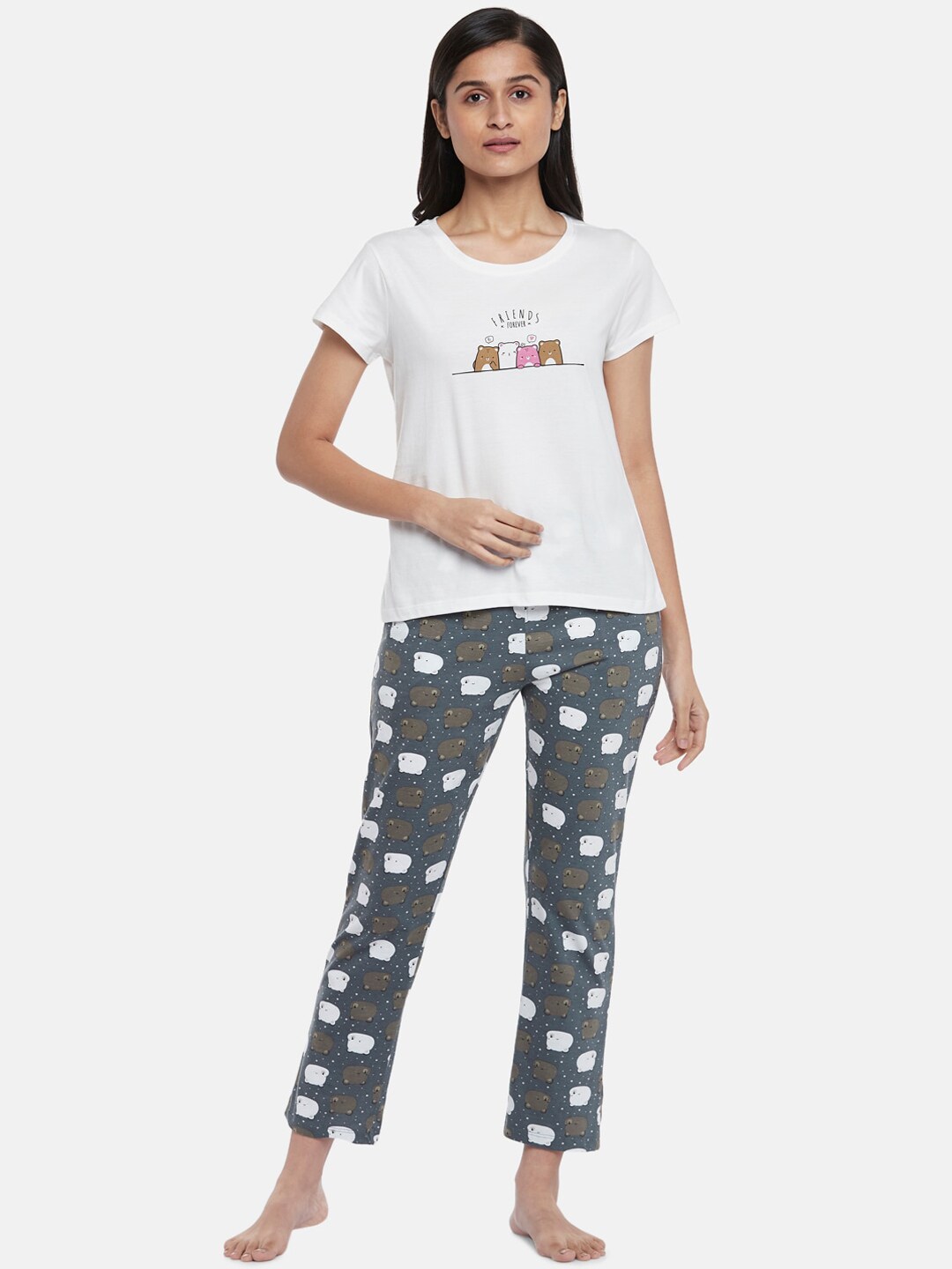 Dreamz by Pantaloons Women Cream-Coloured & Grey Printed Pure Cotton Night suit Price in India