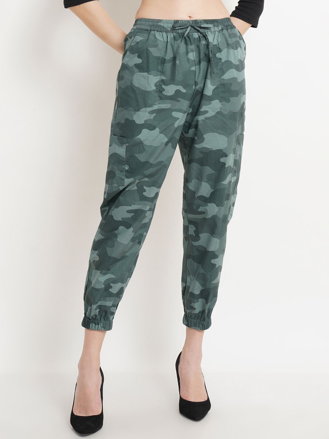 Purple State Women Green Camouflage Printed Comfort Trousers