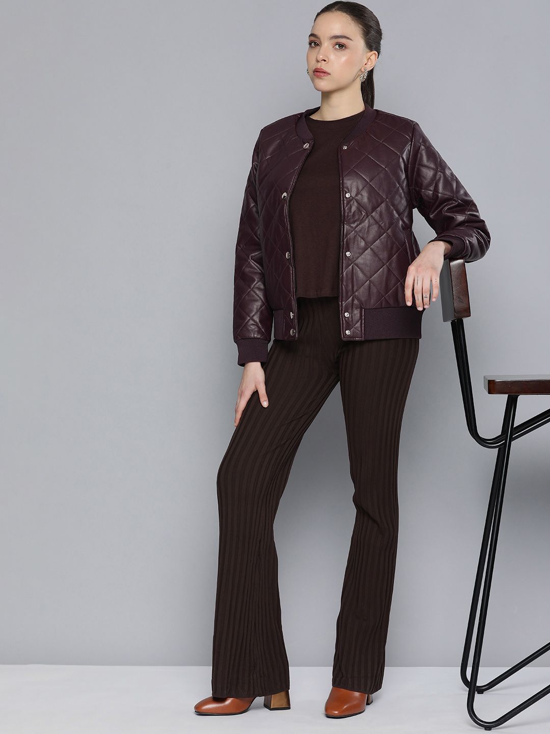 Chemistry Women Wine Bomber Collar Faux Leather Quilted Jacket