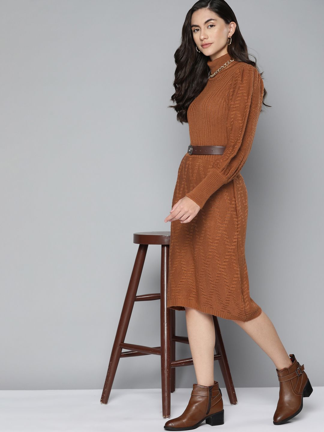 Chemistry Brown High Neck Puff Sleeves Sweater Dress Price in India