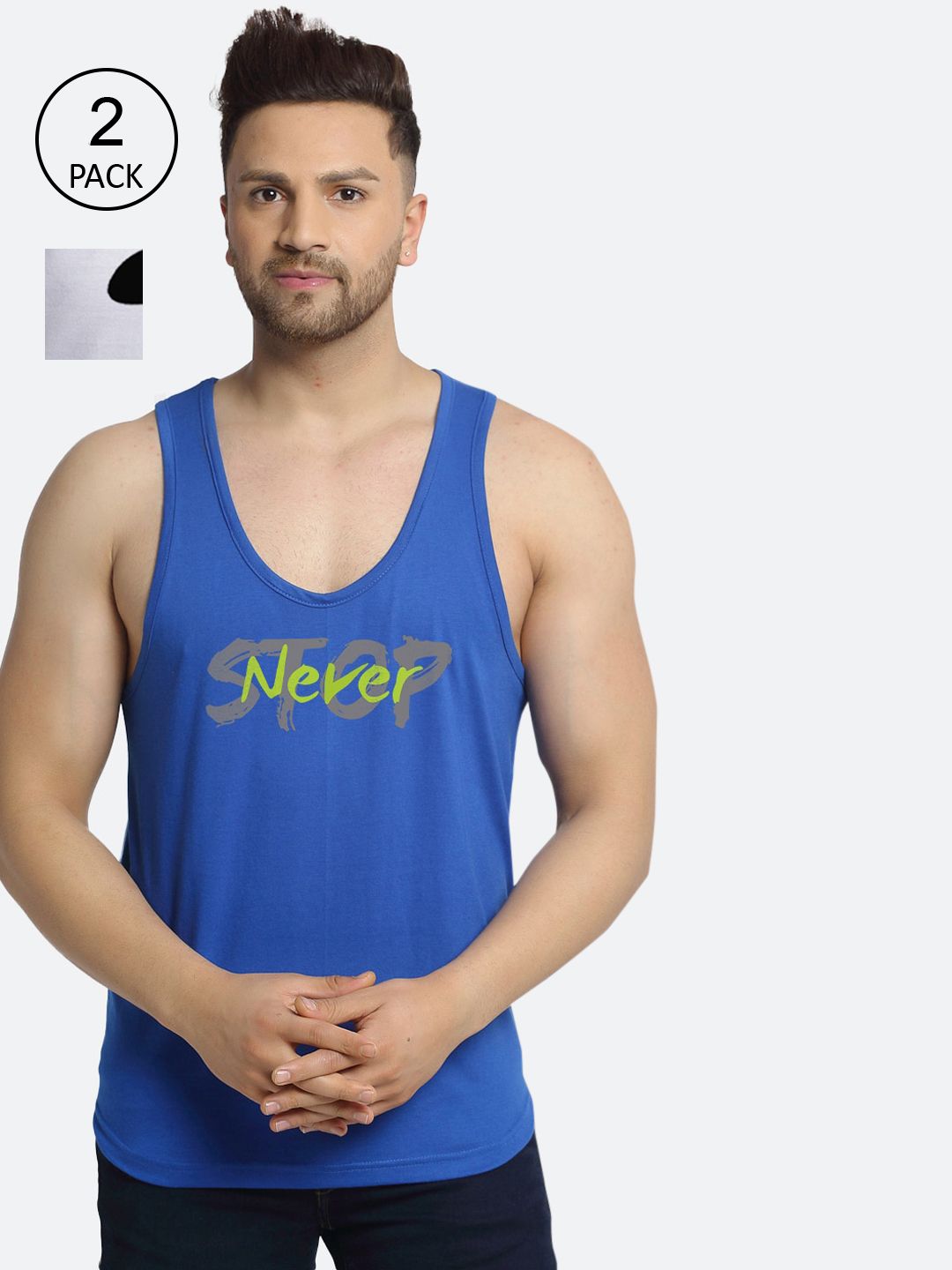 Friskers Men Pack of 2 Blue & White Cotton Gym Vests deal from myntra