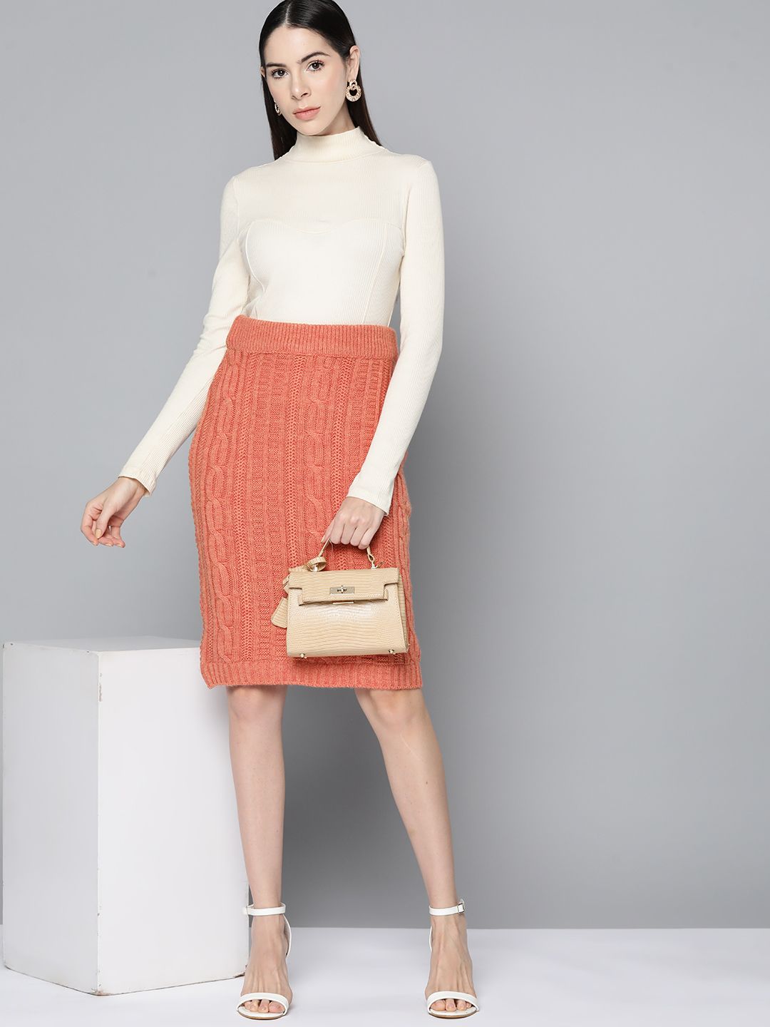 Chemistry Women Peach Cable Knitted Solid Skirt Price in India