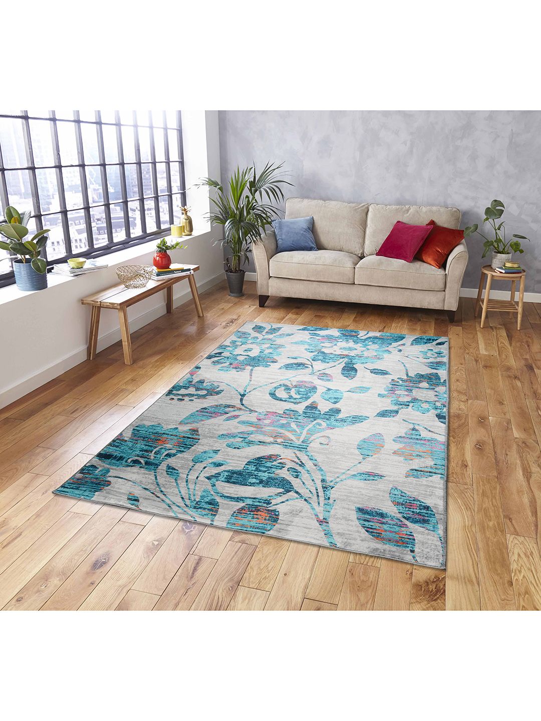 Athome by Nilkamal  Grey & Blue Floral Printed Carpets Price in India