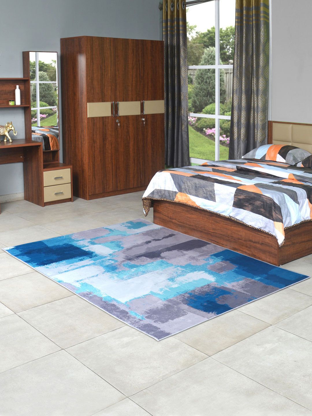 Athome by Nilkamal Grey & Blue Abstract Printed Carpet Price in India