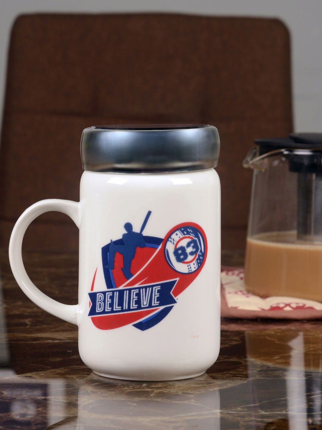 Athome by Nilkamal White & Blue Text or Slogans Printed Ceramic Glossy Mug With Lid Price in India