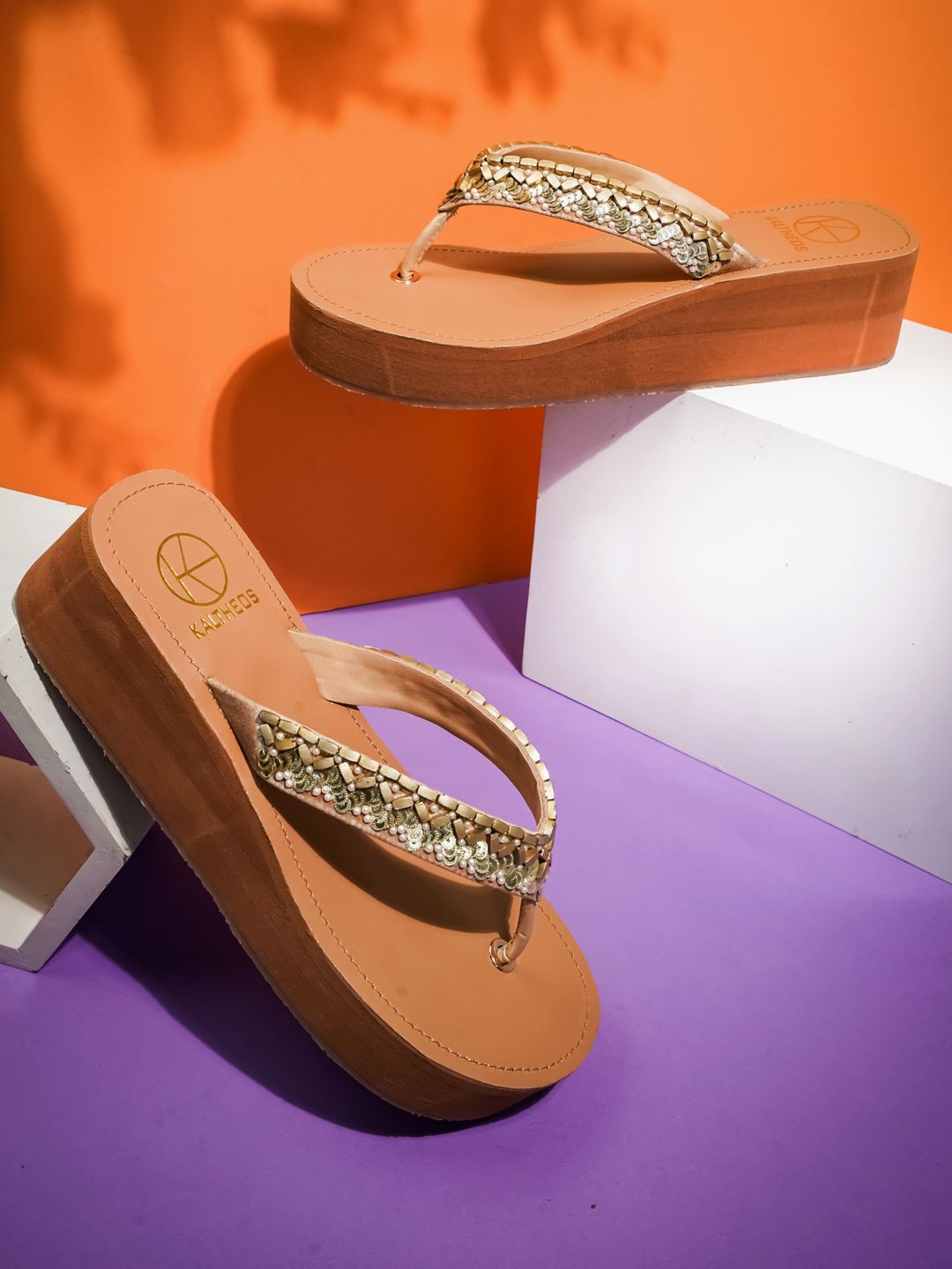 KALTHEOS Gold-Toned Ethnic Embellished Wedge Heels Price in India