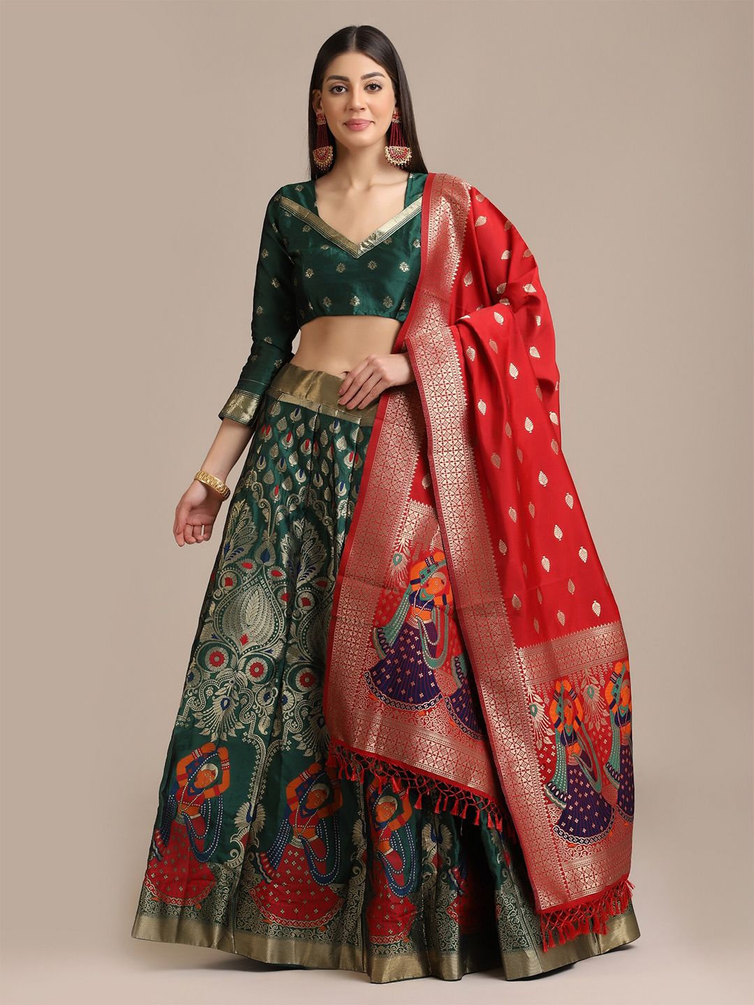 Warthy Ent Green & Red Semi-Stitched Lehenga & Unstitched Blouse With Dupatta Price in India
