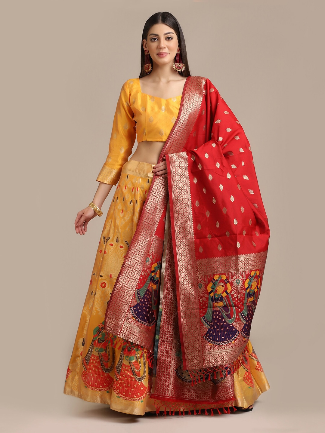 Warthy Ent Yellow & Red Semi-Stitched Lehenga & Unstitched Blouse With Dupatta Price in India