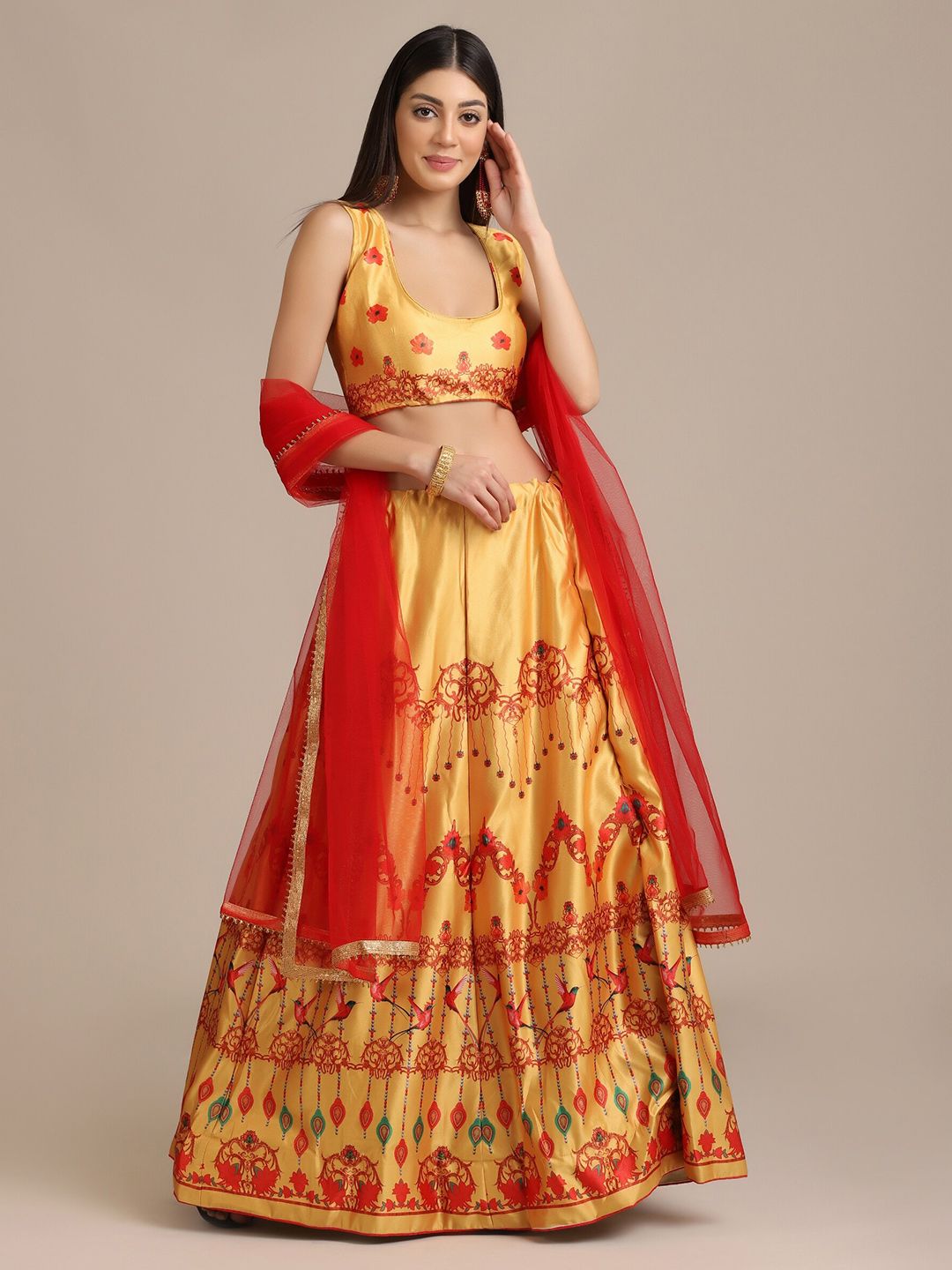 Warthy Ent Yellow & Red Printed Semi-Stitched Lehenga & Unstitched Blouse With Dupatta Price in India