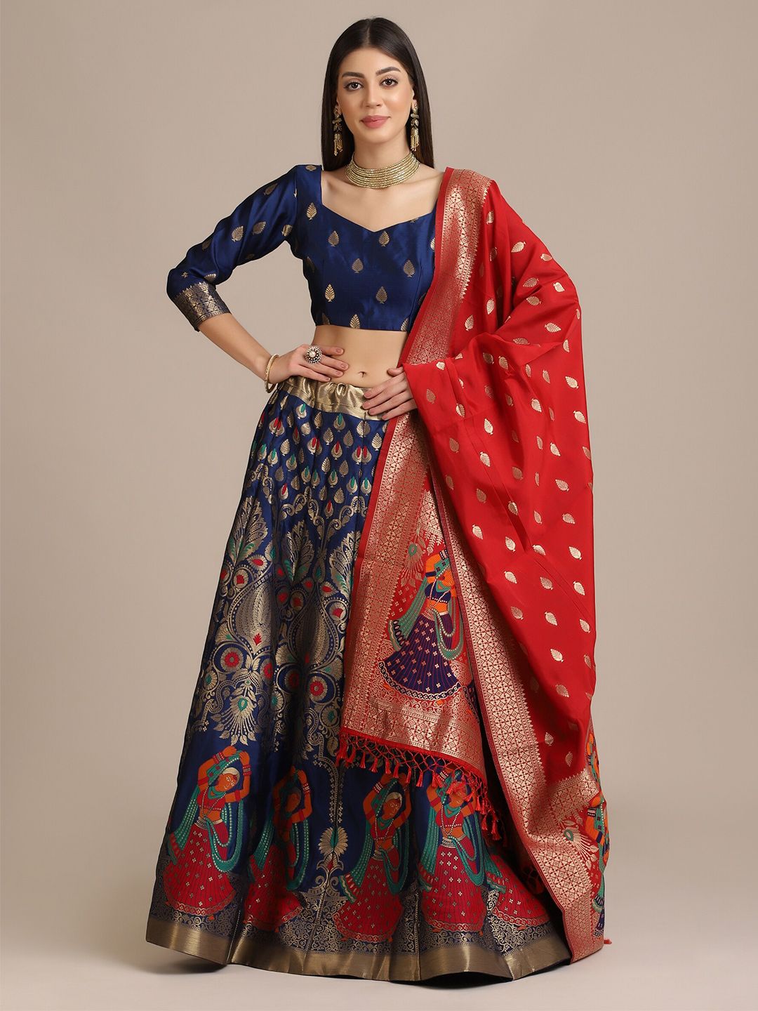 Warthy Ent Blue & Red Semi-Stitched Lehenga & Unstitched Blouse With Dupatta Price in India