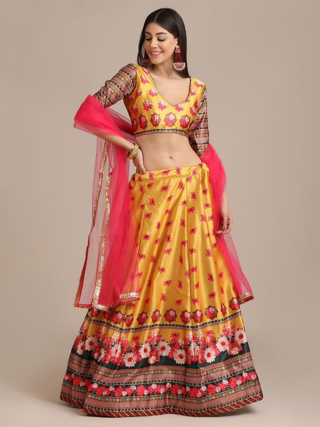 Warthy Ent Yellow & Pink Printed Semi-Stitched Lehenga & Unstitched Blouse With Dupatta Price in India