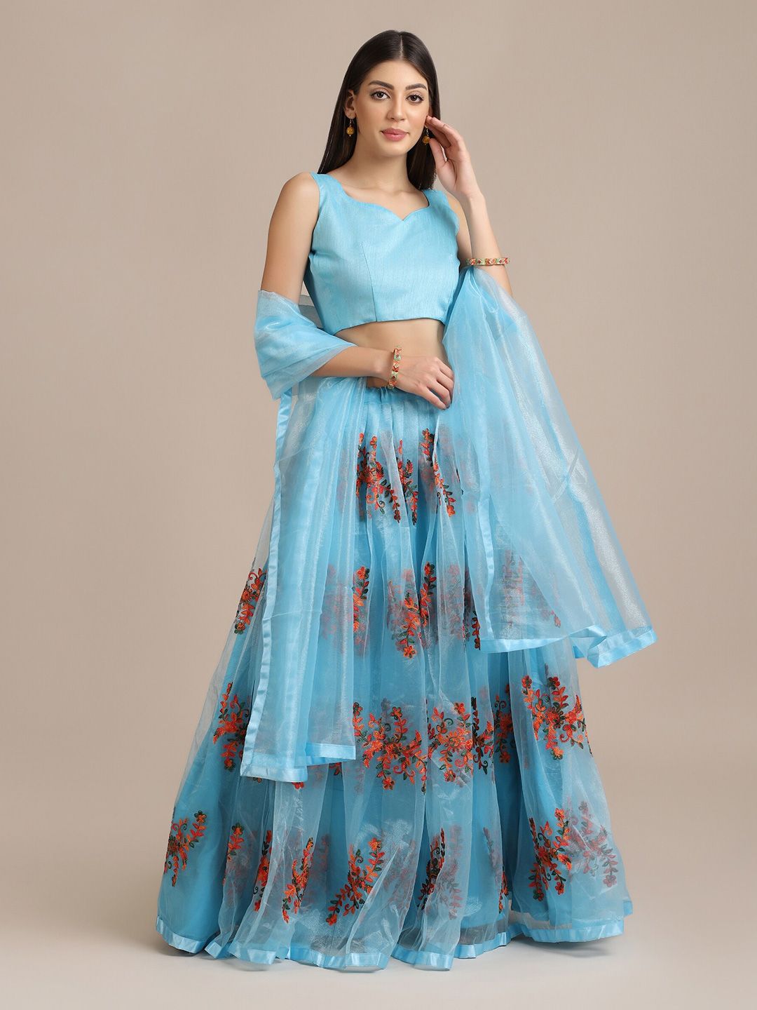 Warthy Ent Turquoise Blue & Red Semi-Stitched Lehenga & Unstitched Blouse With Dupatta Price in India