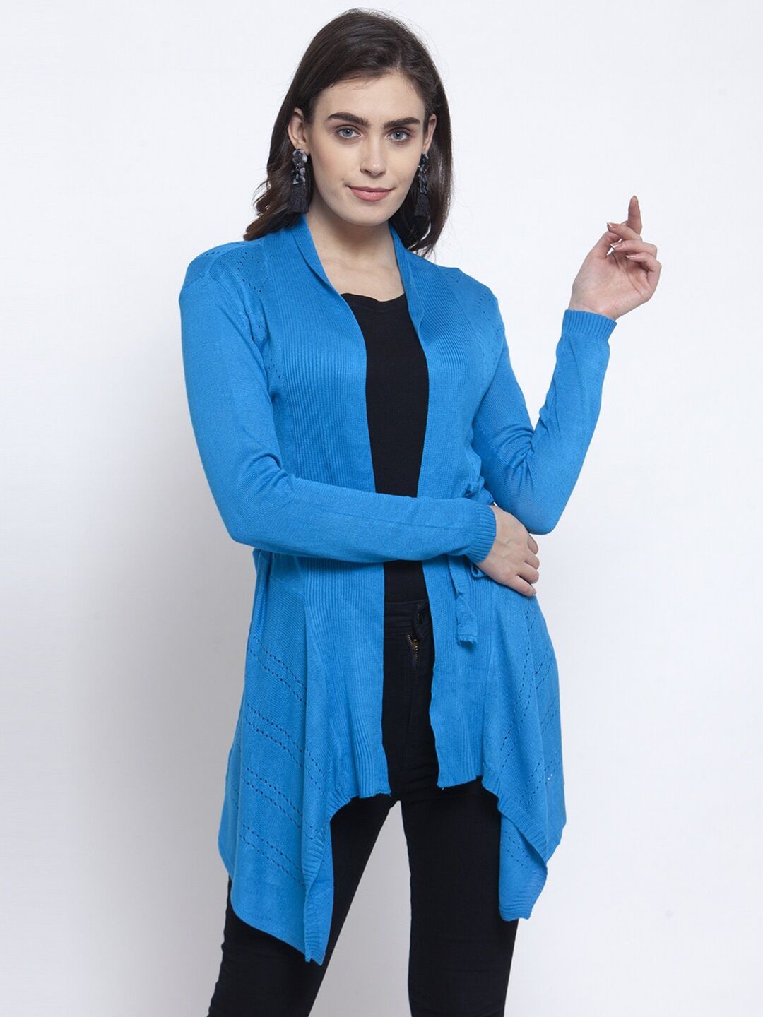 KLOTTHE Women Blue Self Design Tie-Up Shrug Price in India