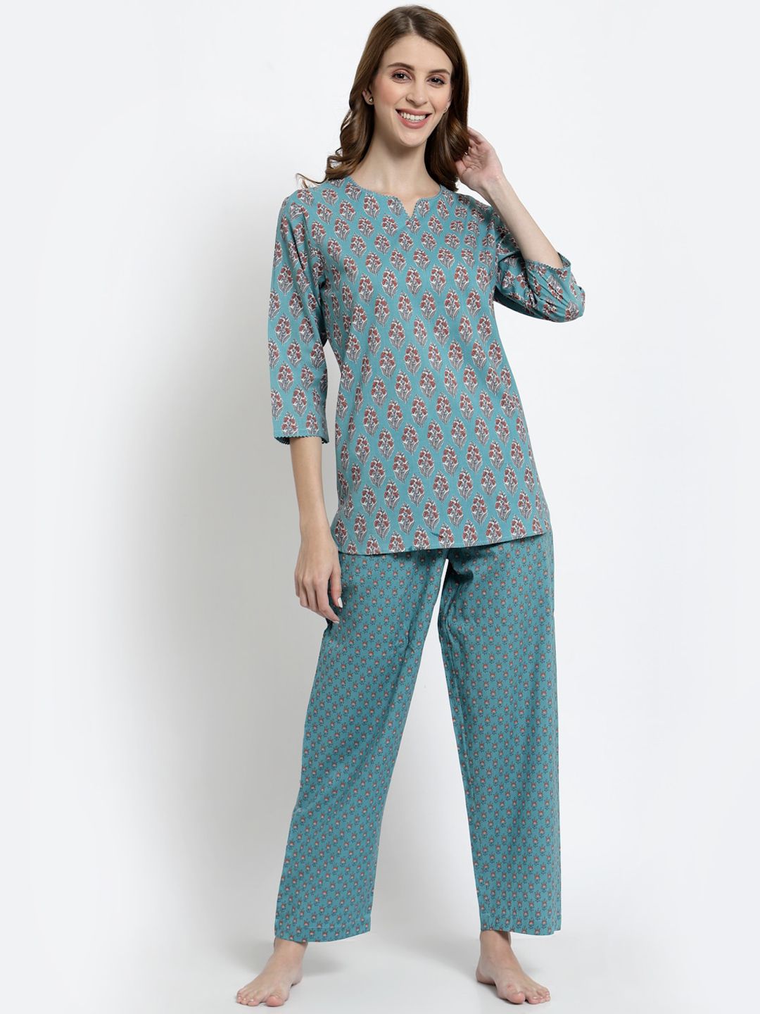 Sweet Dreams Women Blue & Red Printed Pure Cotton Night suit Price in India