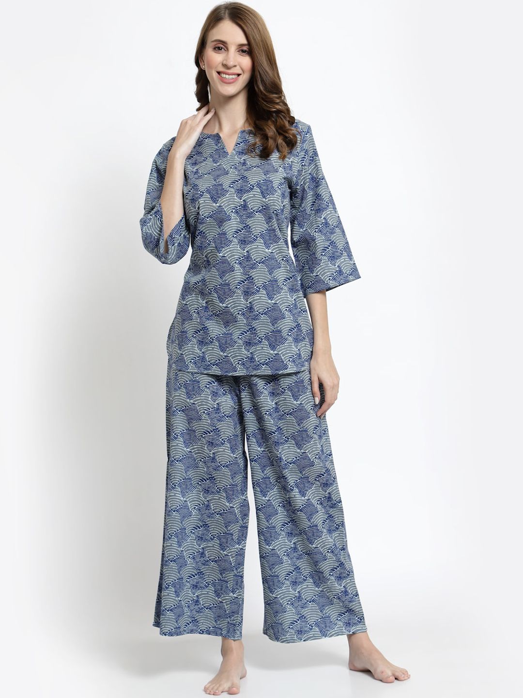 Sweet Dreams Women Blue & Grey Printed Pure Cotton Night suit Price in India