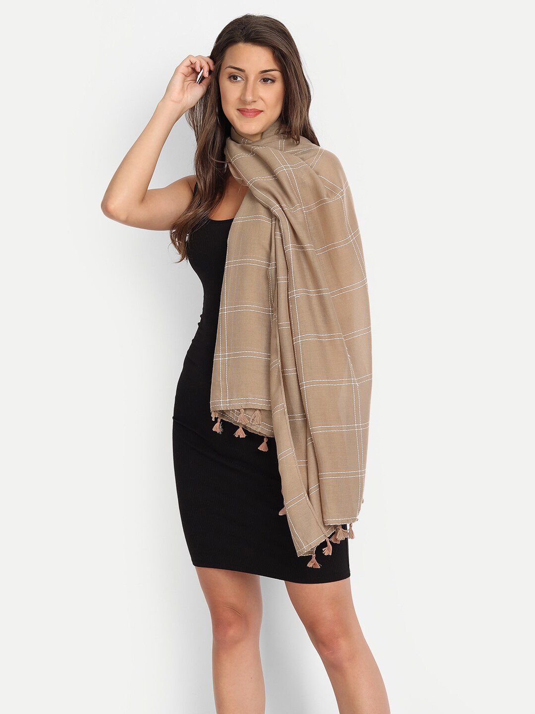 Wicked Stitch Women Brown & White Checked Scarf Price in India