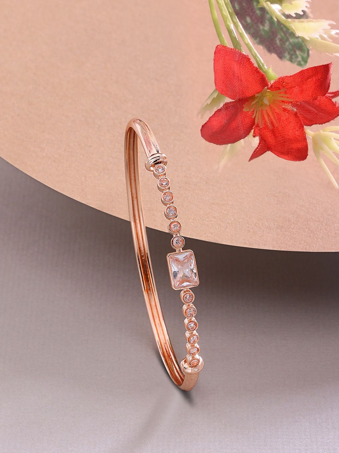 AMI Women White Brass Cubic Zirconia & Rose Gold-Plated Kada Bracelet Price in India