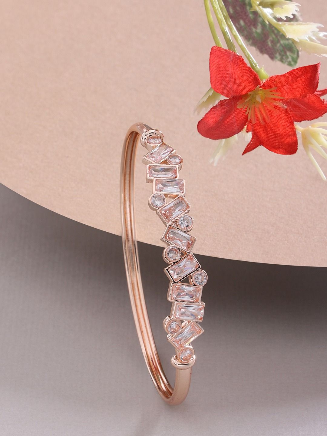 AMI Women White Brass Cubic Zirconia & Rose Gold-Plated Kada Bracelet Price in India