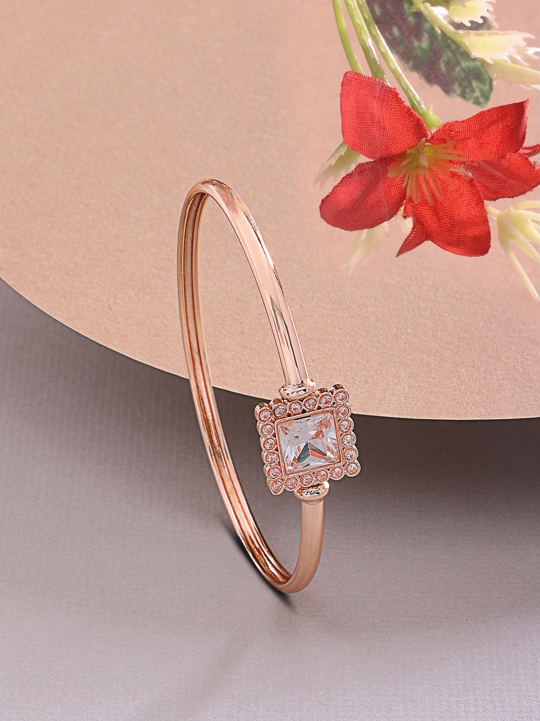 AMI Women Rose-Gold Plated & White Brass Cubic Zirconia Kada Bracelet Price in India