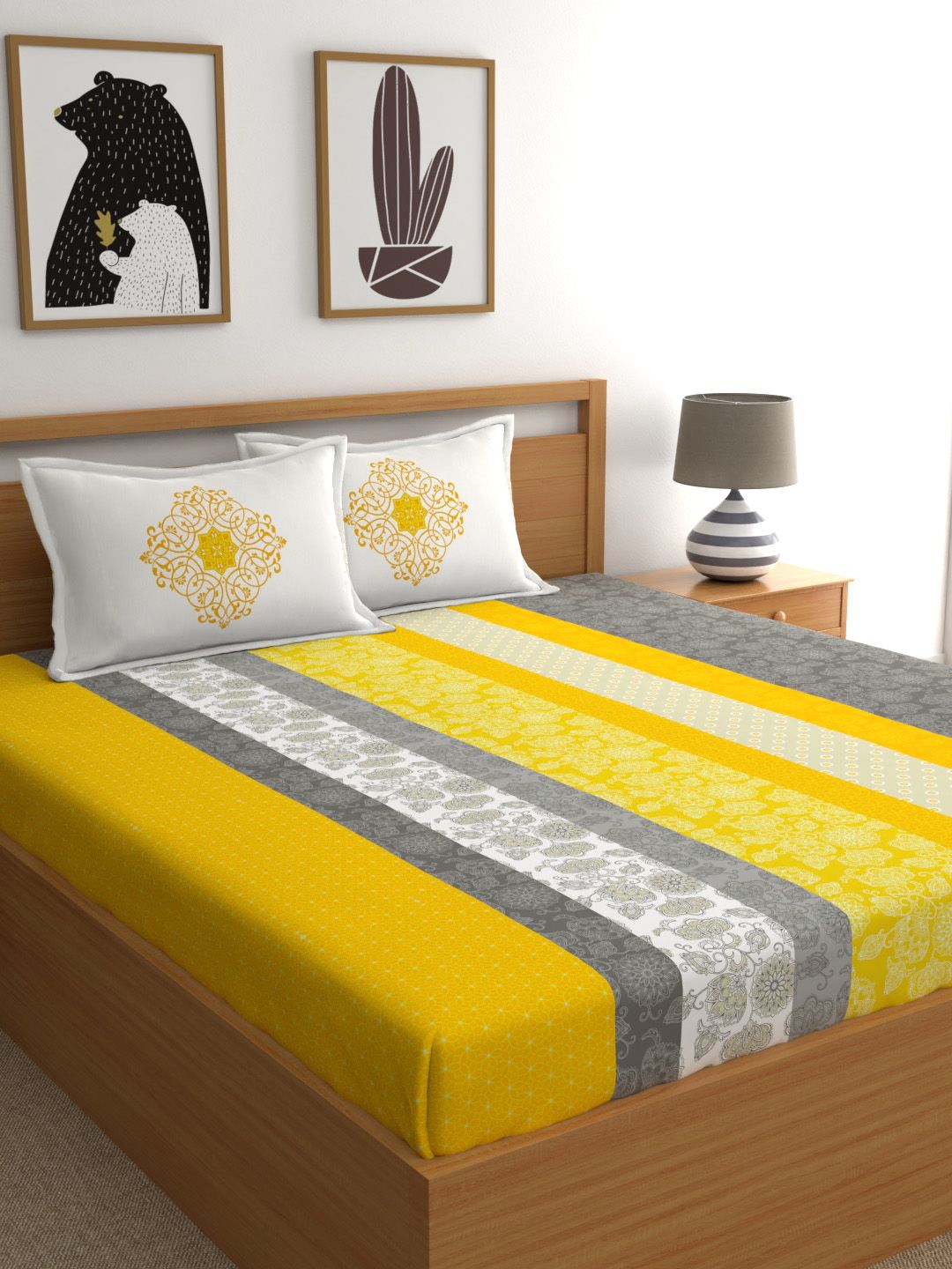 My Room Yellow & White Floral 140 TC King Bedsheet with 2 Pillow Covers Price in India