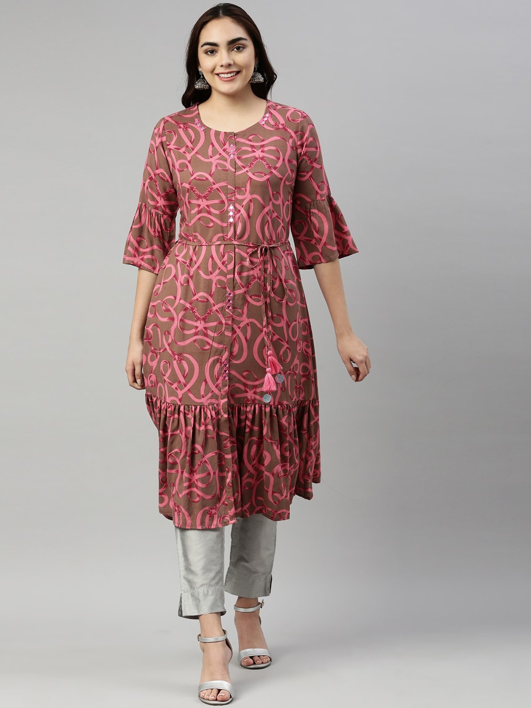Neerus Women Brown & Pink Ethnic Motifs Printed Flared Sleeves Gotta Patti Kurta Price in India