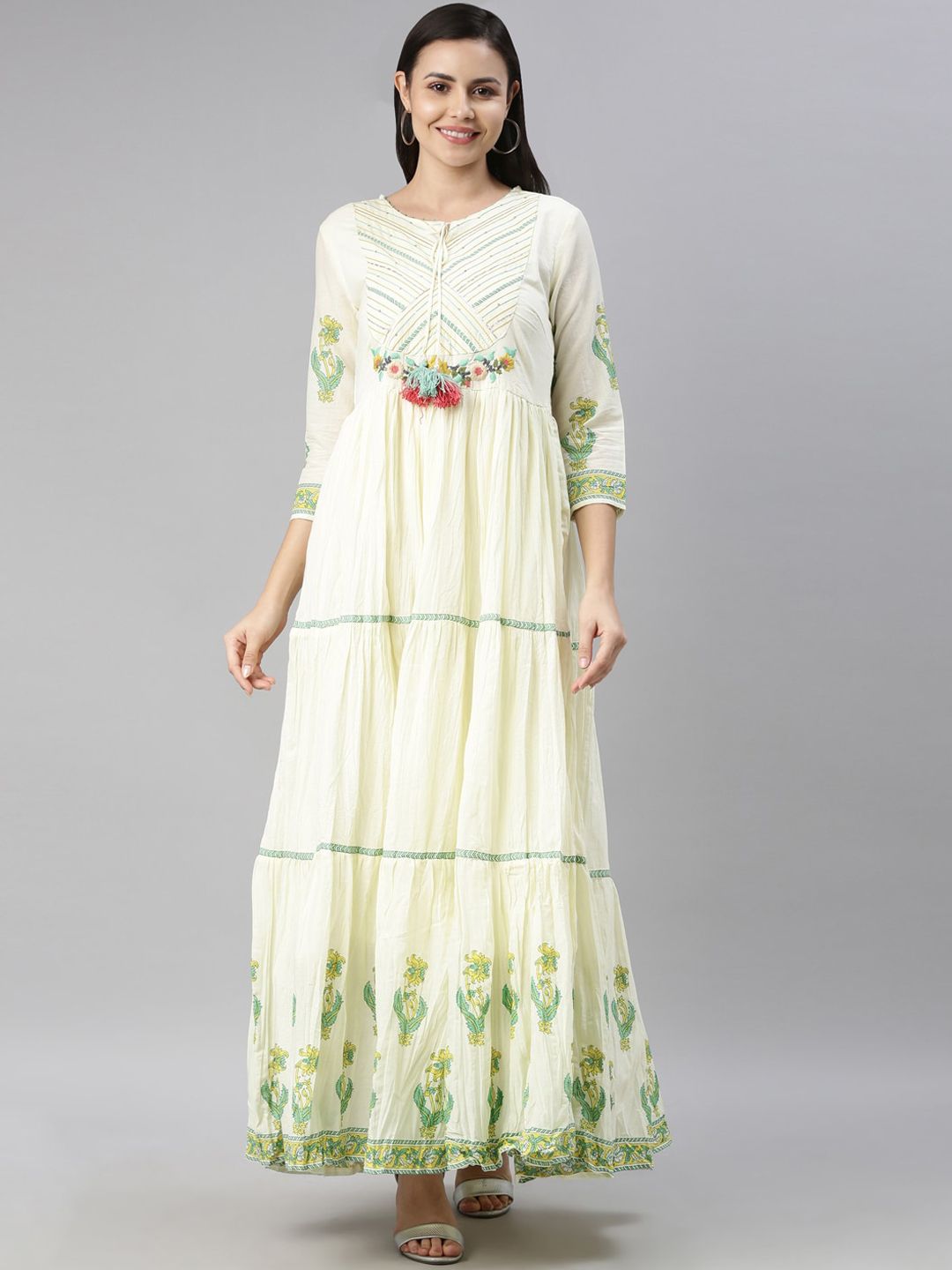 Neerus Women Lime Green & Cream-Coloured Floral Embroidered Thread Work Anarkali Kurta Price in India