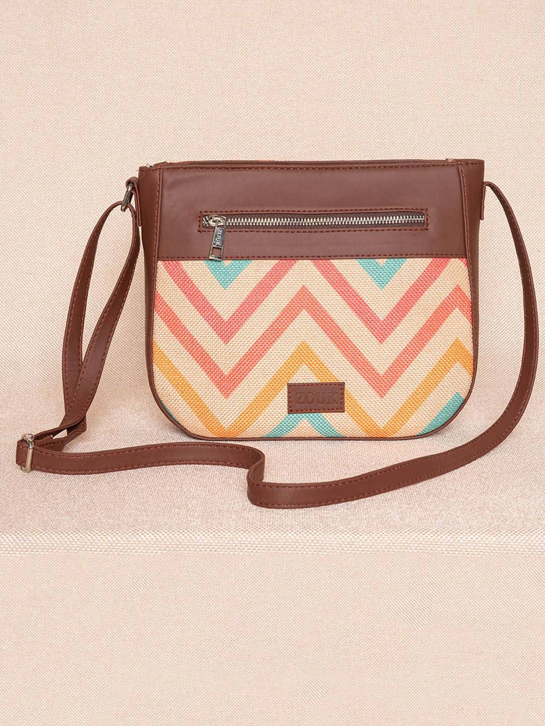 ZOUK Pink Geometric Striped Structured Sling Bag with Quilted Price in India