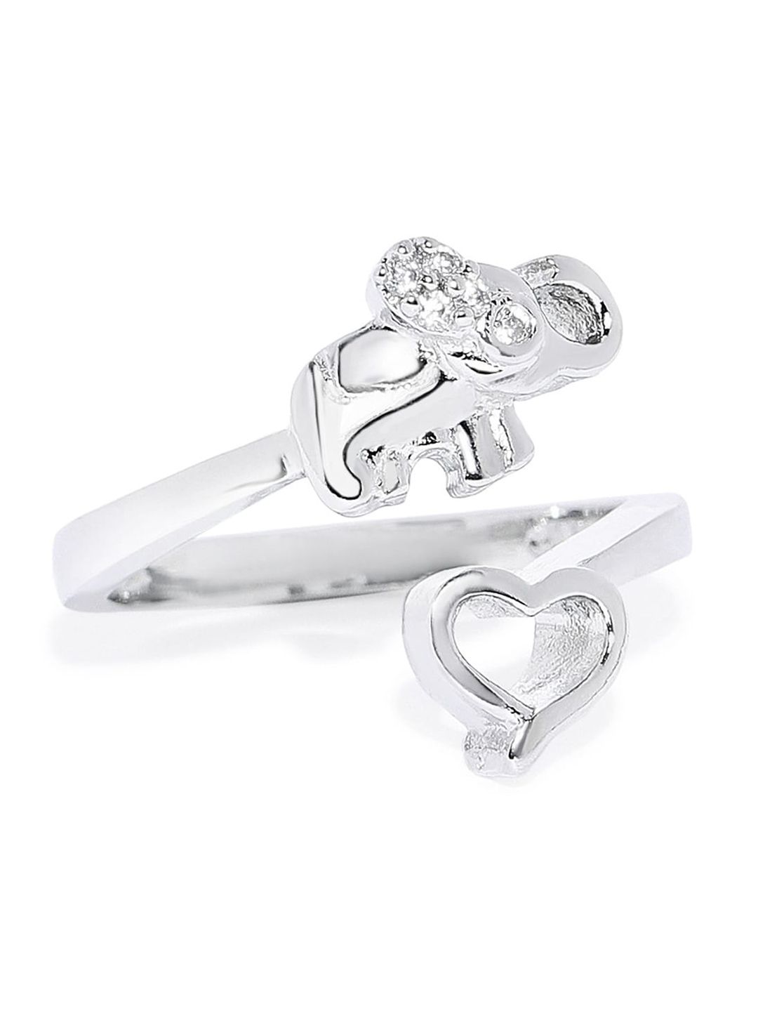 Mahi Rhodium-Plated Silver-Toned White Crystal Heart Shaped Adjustable Finger Ring Price in India