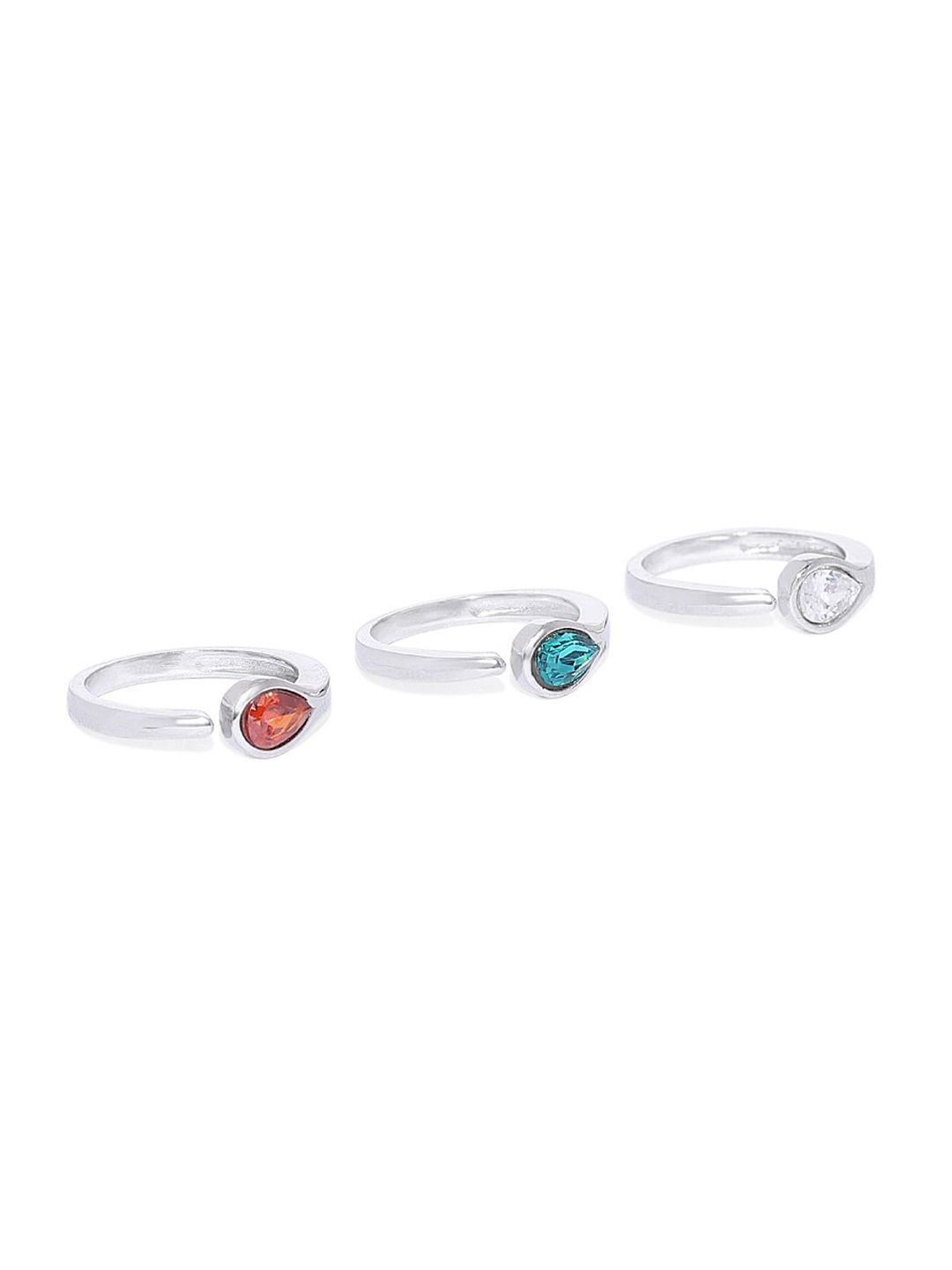 Mahi Women Set Of 3 Multicoloured Rhodium-Plated CZ-Studded Adjustable Finger Rings Price in India