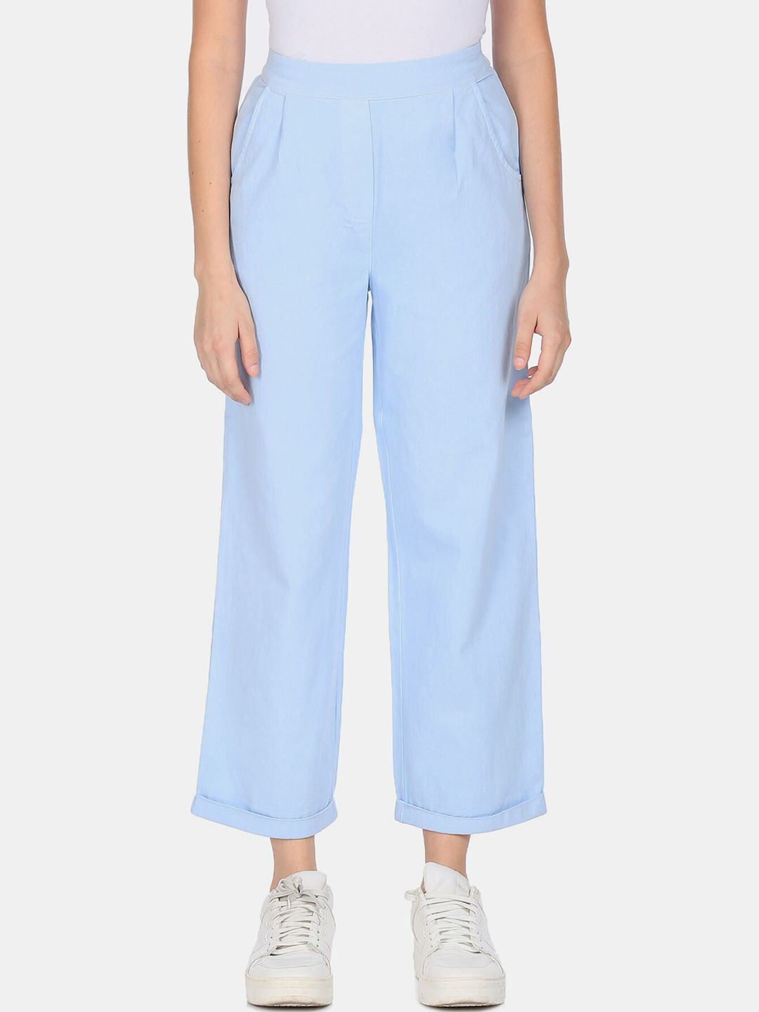 Sugr Women Blue Twill Pure Cotton Parallel Trousers Price in India