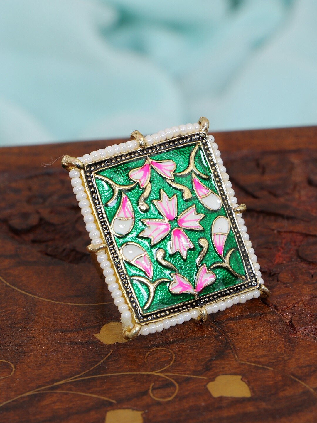 Crunchy Fashion Gold-Plated & Green Enameled Square Shaped Adjustable Finger Ring Price in India