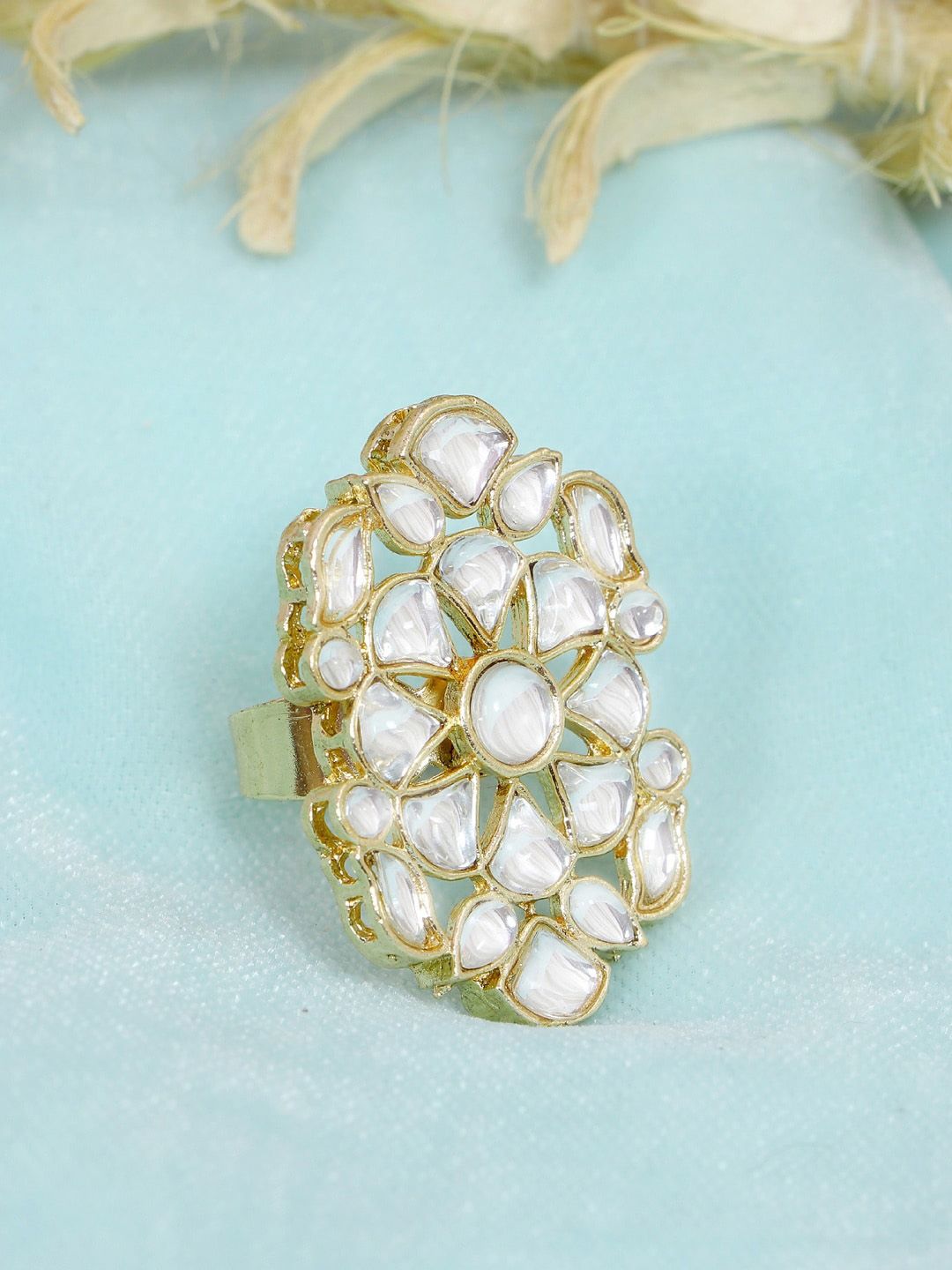 Crunchy Fashion Gold-Plated & White Kundan Studded Finger Ring Price in India