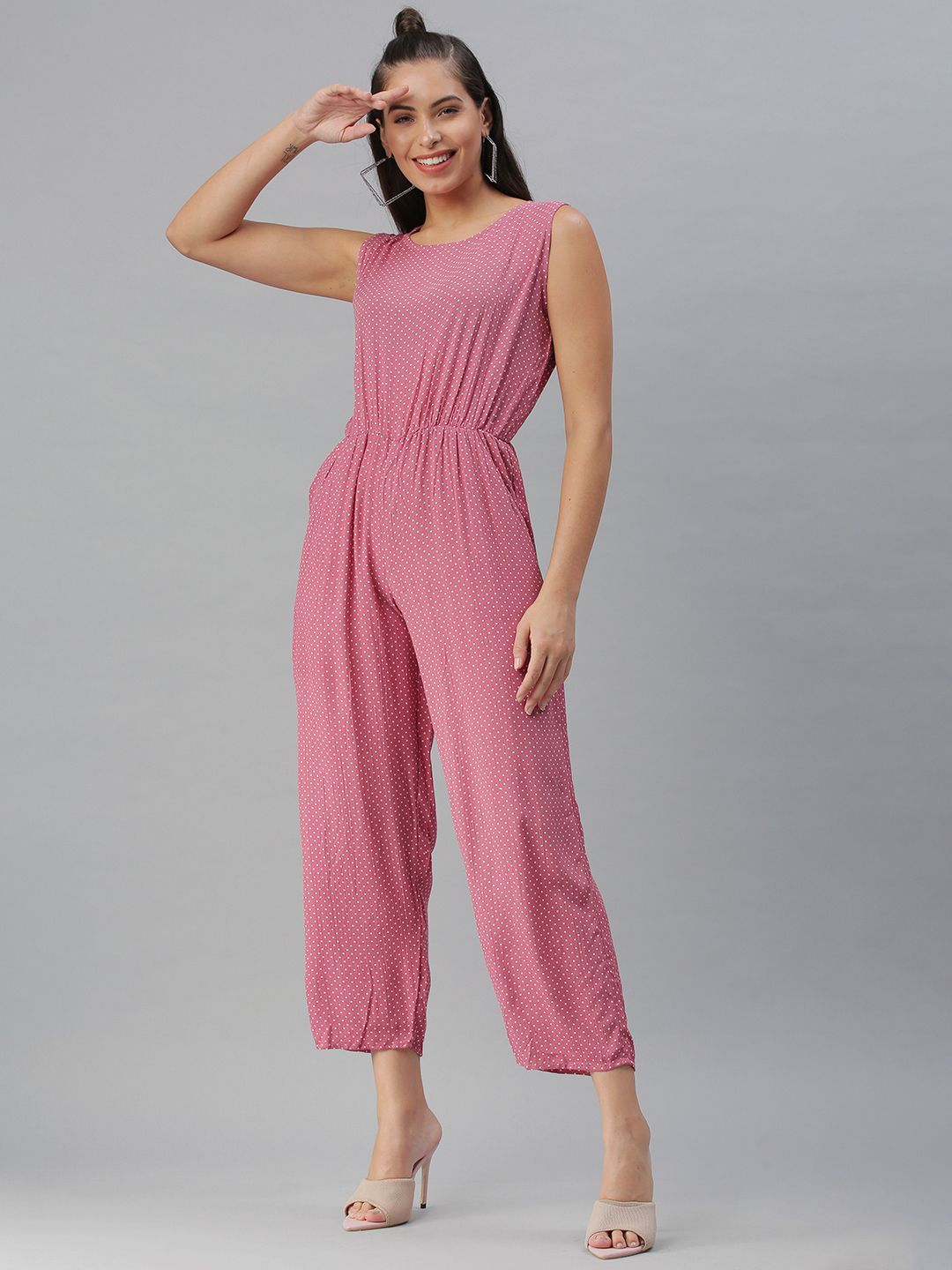 SHOWOFF Women Mauve & White Printed Basic Jumpsuit Price in India