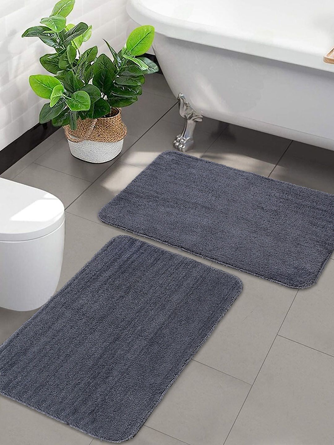 Saral Home Set of 2 Grey Solid 210 GSM Anti-Skid Bath Rugs Price in India