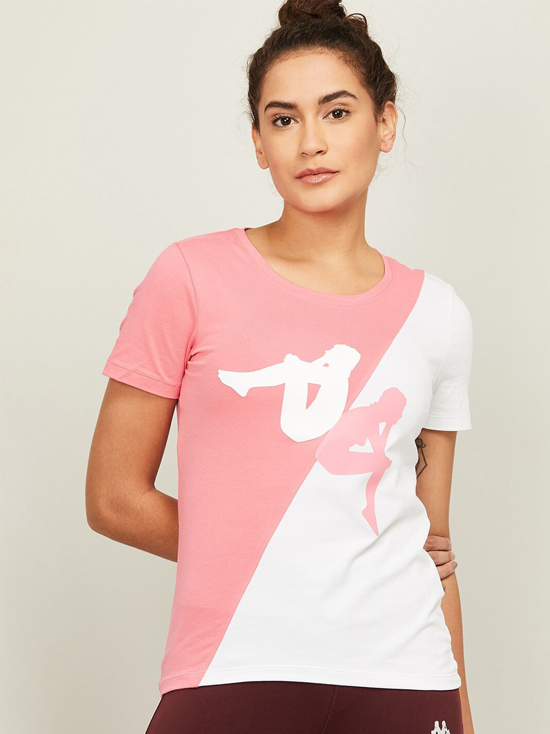 Kappa Women Pink & White Colourblocked Cotton T-shirt Price in India