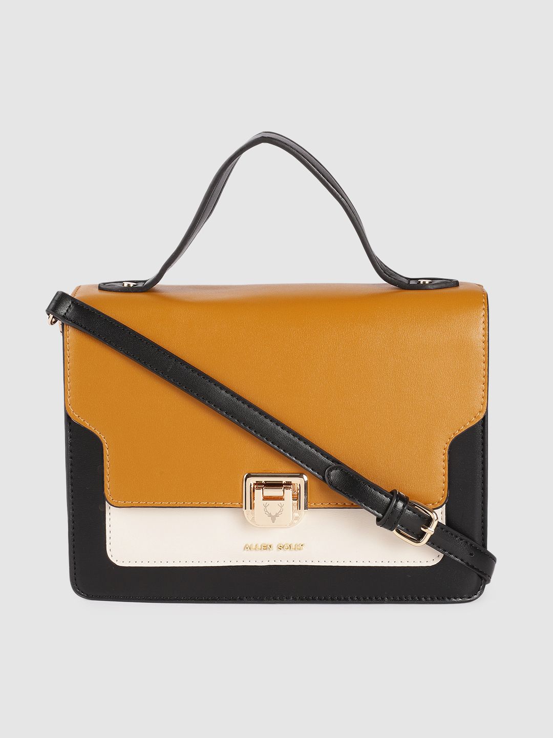 Allen Solly Mustard Colourblocked PU Structured Satchel Price in India