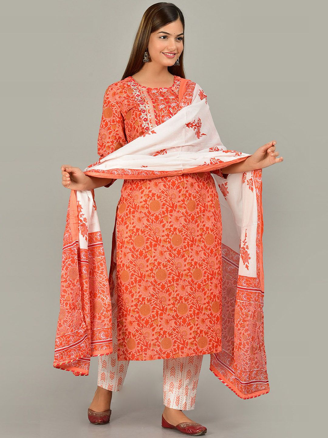 KALINI Women Orange Printed Pure Cotton Kurta with Trouser & With Dupatta