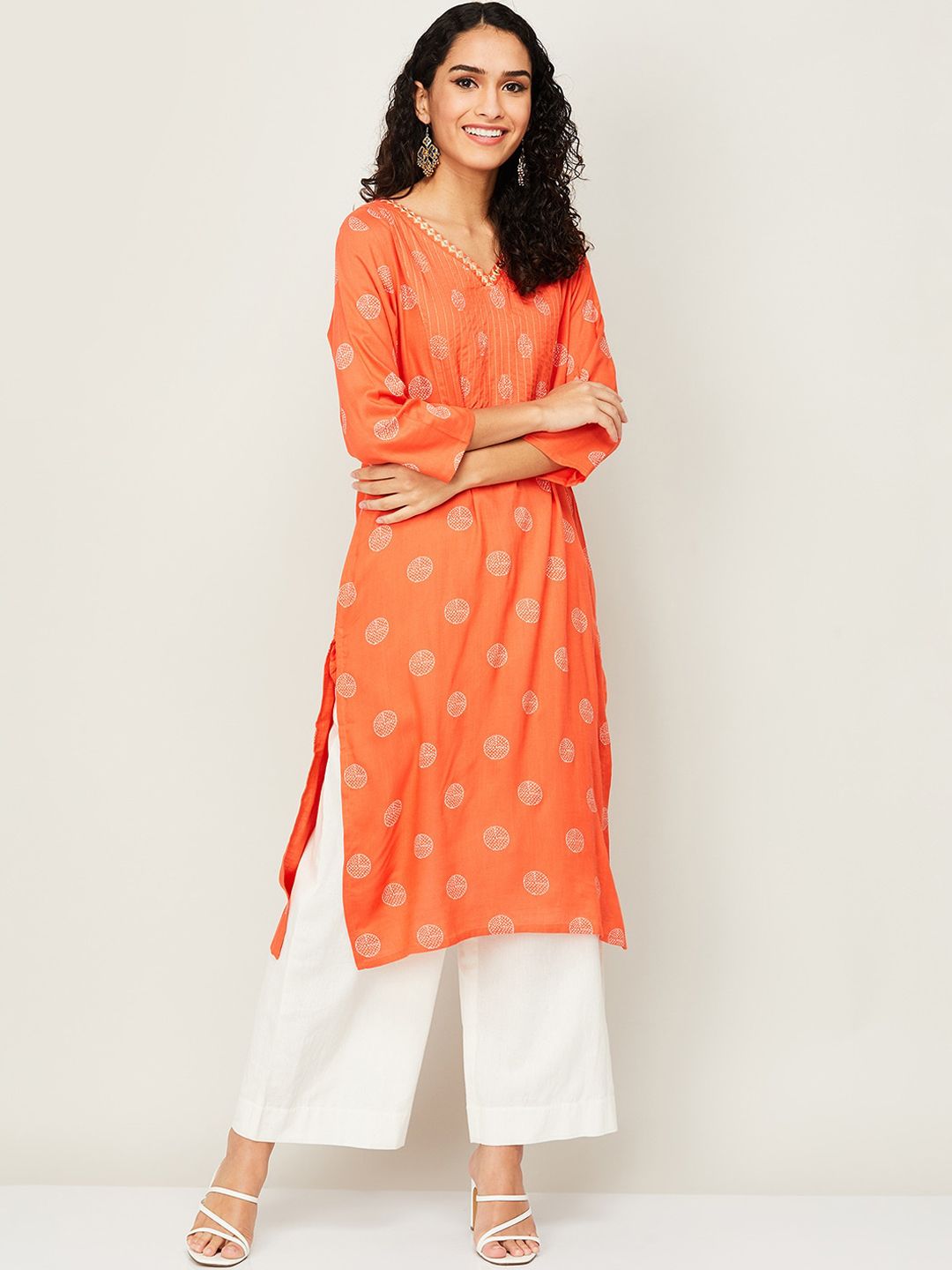 Melange by Lifestyle Women Orange & White Geometric Printed Kurta Price in India